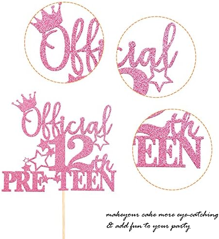 1 Pack Official Pre-teen 12 Cake Topper Glitter Happy 12th Birthday Cake Pick Cheers to 12 Years Old Cake Decorations for Teen 12th Birthday Party Supplies Pink