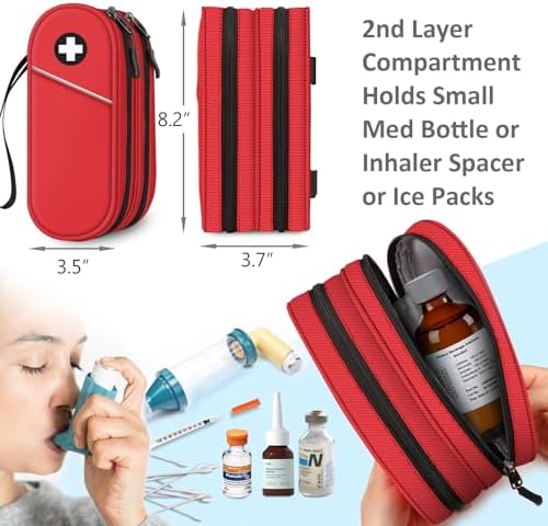 SITHON Double-Layer Epipen Carrying Case, Travel Medication Organizer Bag Emergency Medical Pouch Holds 2 EpiPens, Asthma Inhaler, Anti-Histamine, Auvi-Q, Allergy Medicine Essentials (Red)