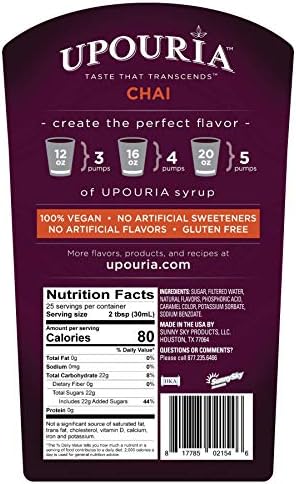 Upouria Chai Syrup Flavoring, 100% Vegan, Gluten-Free, Kosher, 750ml bottle (Pack of 2) with 1 Syrup Pump