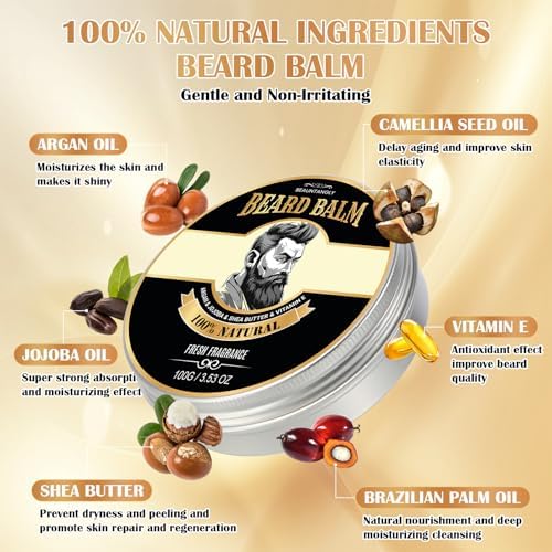 Beard Balm for Men, 100% Natural with Shea Butter, Argan Oil, Jojoba Oil, Vitamin E - 3.53OZ Conditioner Softener Moisturizer