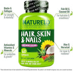 NATURELO Hair, Skin and Nails Vitamins - 5000 mcg Biotin, Collagen, Natural Vitamin E - Supplement for Healthy Skin, Hair Growth for Women and Men – 60 Capsules