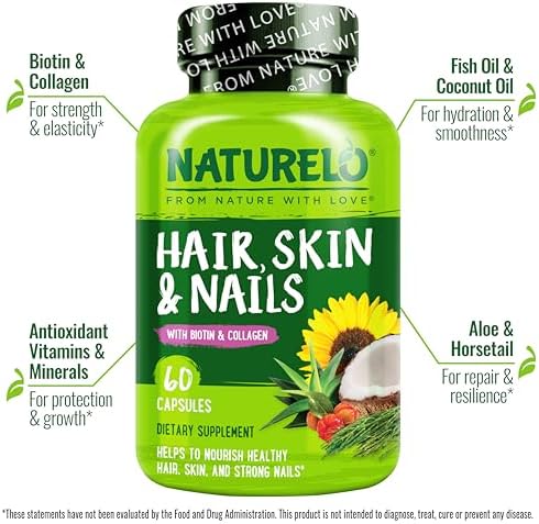 NATURELO Hair, Skin and Nails Vitamins - 5000 mcg Biotin, Collagen, Natural Vitamin E - Supplement for Healthy Skin, Hair Growth for Women and Men – 60 Capsules
