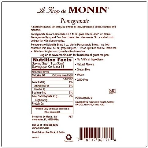 Monin - Pomegranate Syrup, Tart and Sweet, Great for Cocktails and Teas, Gluten-Free, Vegan, Non-GMO (750 ml (Glass))