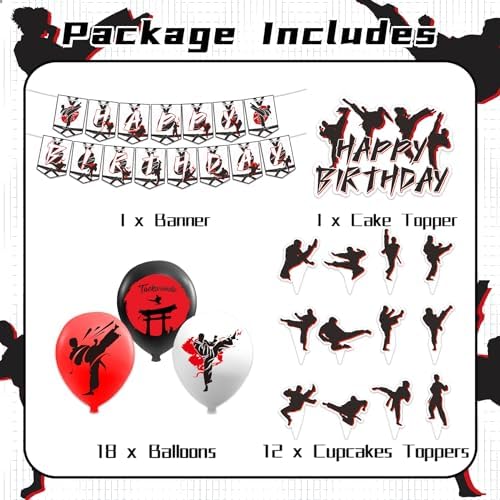 Taekwondo Birthday Party Decorations Karate Party Supplies Includes Karate Taekwondo Birthday Banner Cake Topper Cupcake Toppers Balloons for Men Women Girls Boys Party