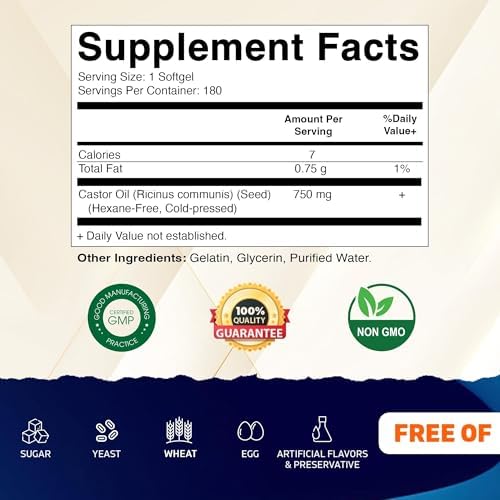 Vitamatic Castor Oil Softgels 750 mg | Cold Pressed | 180 Softgels | Easy-to-Swallow
