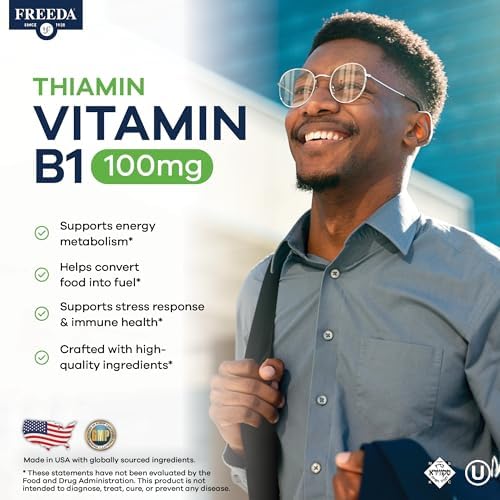Freeda Vitamin B1 Thiamine 100mg - Supports Energy Metabolism, Nervous System Health - Kosher, Vegan, Gluten Free - Thiamin HCl 100 mg Vitamin B 1 - Pure Vit B1 Vitamin Thiamine B1 Supplement (100 Ct)