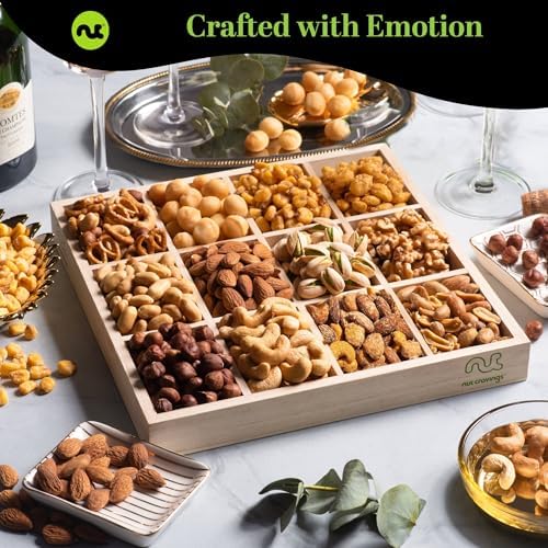 NUT CRAVINGS Gourmet Collection - Sympathy Condolence, Nuts Gift Basket with Sympathy Ribbon + Greeting Card in Reusable Wooden Tray (12 Assortments) Food Platter Healthy Snack Care Package