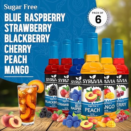 Syruvia Sugar Free Syrup Variety Pack: Peach, Strawberry, Blackberry, Mango, Cherry & Blue Raspberry - Gluten-Free, Kosher, 25.4 fl oz Bottles - Enhance Your Experience