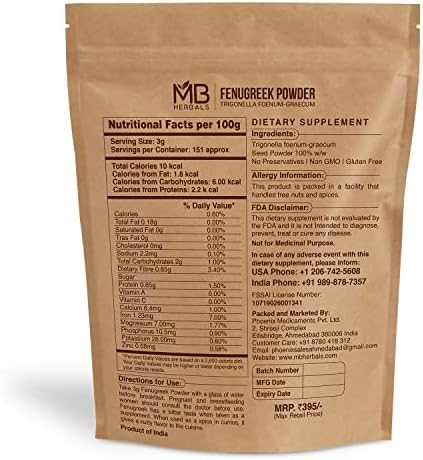 MB Herbals Fenugreek Seeds Powder 1 Pound | 16 oz / 454 Gram | Organically Grown Fenugreek | Trigonella foenum-graecum Sd. | Methi Powder