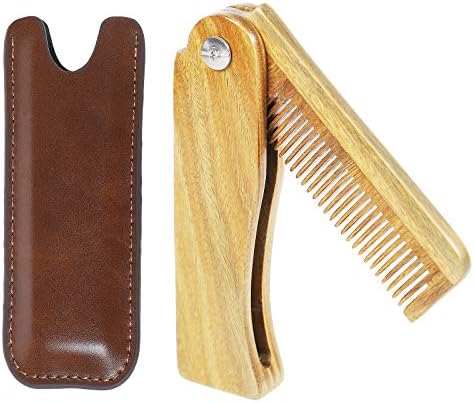 Onedor Handmade 100% Natural Green Sandalwood Fine Tooth Wooden Comb for Men Hair, Beard, and Mustache Styling Pocket Comb With Leather Case (Folding)