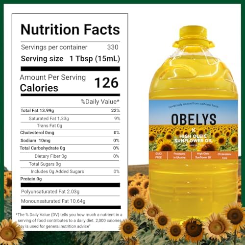 Obelys High Oleic Sunflower Oil | 4 Pack 1.3 Gallon Jug - Neutral Oil For Medium to High Heat Cooking, Non-GMO, Kosher, Cholesterol Free | 5L / 169 Oz