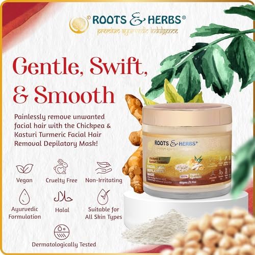 Chickpea & Kasturi Turmeric Facial Hair Removal Powder - For Men & Women, Chin, Jawline & Upper Lips - Depilatory Mask with Ayurvedic Herbs - Roots & Herbs, 2.11oz