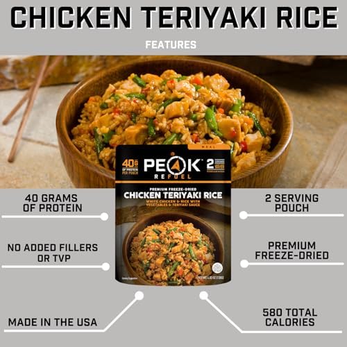 Peak Refuel Chicken Teriyaki Rice | 40g Protein | 580 Calories | 100% Real Meat | Premium Freeze Dried Backpacking & Camping Food | 2 Servings | Ideal MRE Survival Meal