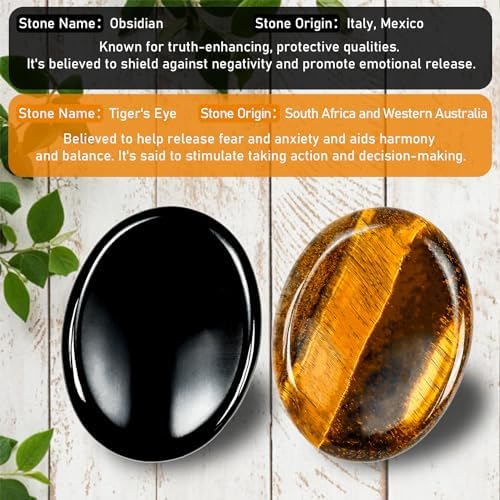 WHAL&YUNE Tiger Eye Obsidian Thumb Worry Stone for Anxiety, Healing Crystals Natural Oval Gemstone Meditation Reiki Balancing Accessories Gift for Stressed People- 1.8 inches