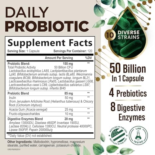 Probiotics 50 Billion CFU per Serving - 10 Strains + Prebiotics - Digestive Health, Gut & Immune Support - Occasional Constipation, Gas & Bloating Support for Women & Men, Bottled USA - 120 Capsules