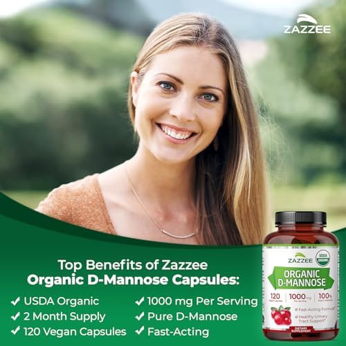 Zazzee USDA Organic D-Mannose, 1000 mg Per Serving, 120 Vegan Capsules, 2 Month Supply, Non-GMO, Urinary Tract & Bladder Support, Potent & Fast-Acting, Lab Tested for Quality & Purity, Made in USA