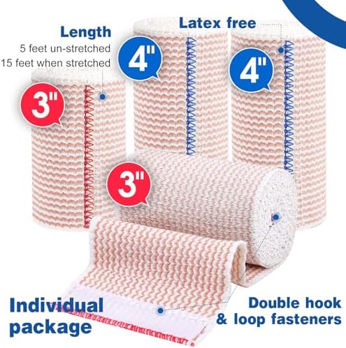 AZEN Premium 4 Pack Elastic Bandage Wrap (2x3, 2x4), Compression Wrap Bandage for Legs, Ankle, Knee, Tummy, Body, Lymphedema Wraps for Legs, Latex-Free