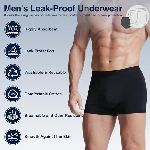 Incontinence Underwear for Men, 150ML Absorbent, Leak Proof Underwear for Men Comfortable Cotton Fabric, Comfortable and Breathable, Mens Incontinence Underwear Washable and Reusable (3PCS/Small)