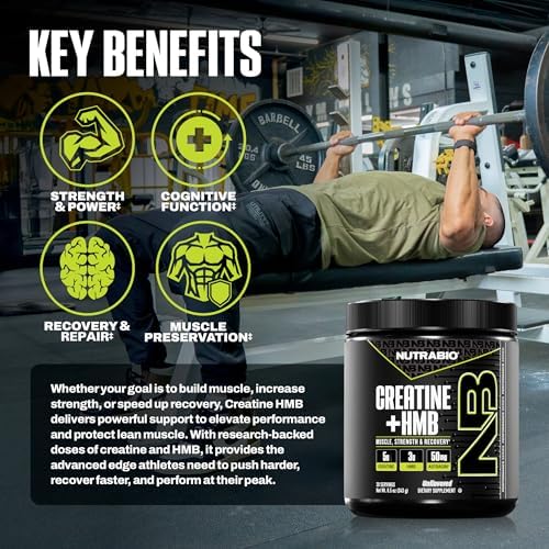 NutraBio Creatine + HMB- Creatine Monohydrate with HMB Powder for Muscle Growth, Increased Strength- 30 Servings (Unflavored)
