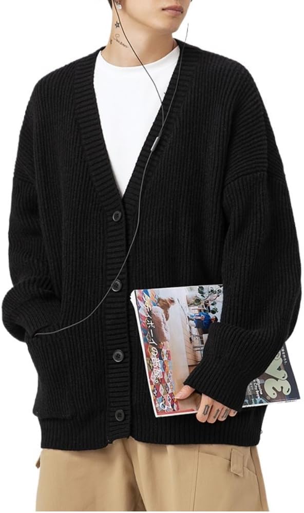 POHADON Mens Cardigan Sweater Button Down Long Sleeve V Neck Cable Knit Sweaters Japanese Streetwear Grunge Clothes