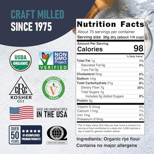 Great River Milling Organic Dark Rye Flour | Whole Grain, Non-GMO, Kosher, Unbromated | Earthy Flavor for Rye Bread, Sourdough Starter, Bagels, Crackers & Artisan Baking | 5 Lb