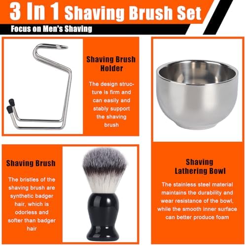 Shaving Brush, 3 In 1 Shaving Brush Set Includes Stainless Steel Shaving Stand and Bowl, Synthetic Badger Hair Shave Brush for Men's Shave Gift