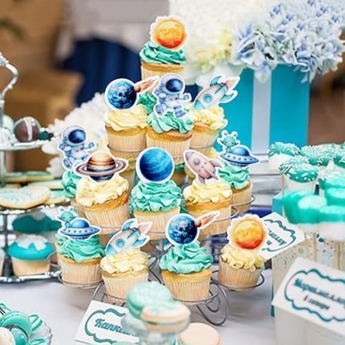 40Pcs Edible Space Astronaut Cupcake Toppers Solar System Galaxy Universe Planets Cupcake Picks Drink Topper for Outer Space Baby Shower Boys Blue Planet Birthday Party Cupcake Decorations