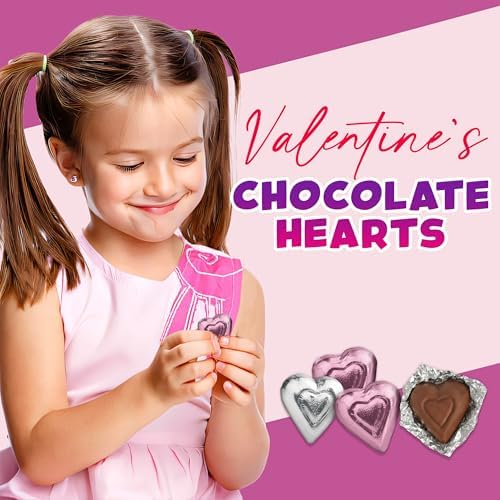 Valentine's Day Milk Chocolate Hearts, 2 Lbs Bulk, Individually Wrapped Pink and Silver Hearts, Extra Creamy Heart Shaped Chocolate Miniatures for Valentines Day Candy Gift, Party Favor, Appx 100 Pc