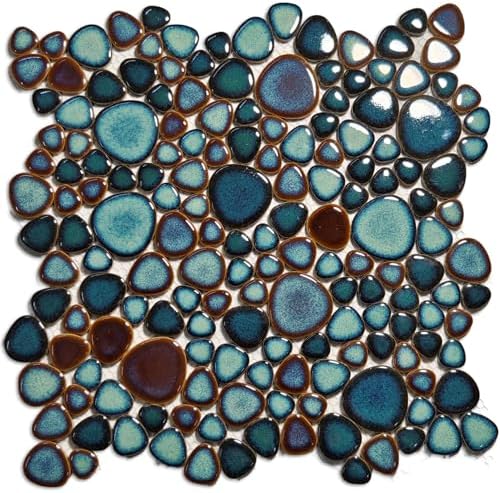 Hominter Artisan Pebble Mosaic Tile Sheet Irregular Blue Green Stone-Look Waterproof Ceramic Shower Floor & Wall Tiles, Kitchen Bath Backsplash and Pool Tiles (3x12 Sample)