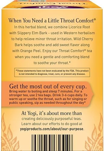 Yogi Tea Throat Comfort - 16 Bags per Pack (4 Packs) - Herbal Tea for Throats - Organic Throat Soothing - Includes Licorice Root, Wild Cherry Bark, Slippery Elm Bark & More