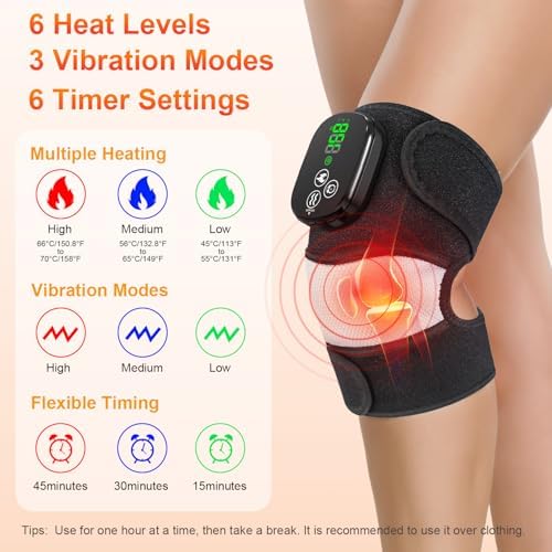 YUANBO Heated Knee Massager with 6 Timer, 3 in 1 Cordless Knee Heating Pad Brace Wrap for Elbow Shoulder Knee Pain Relaxation with 3 Vibration & 6 Heating Modes