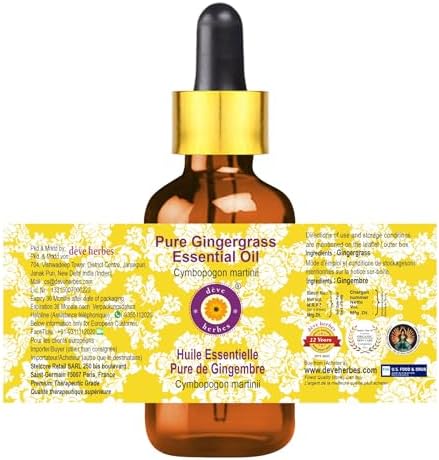 Deve Herbes Pure Ginger Grass Essential Oil (Cymbopogon martinii) with Glass Dropper Steam Distilled 15ml (0.50 oz)