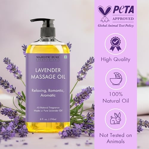 MAJESTIC PURE Lavender Massage Oil for Massage Therapy - Refreshing, and Relaxing - Natural Oils with Lavender Essential Oil - for All Skin Types - Men and Women Massage Lotion - 8 fl oz