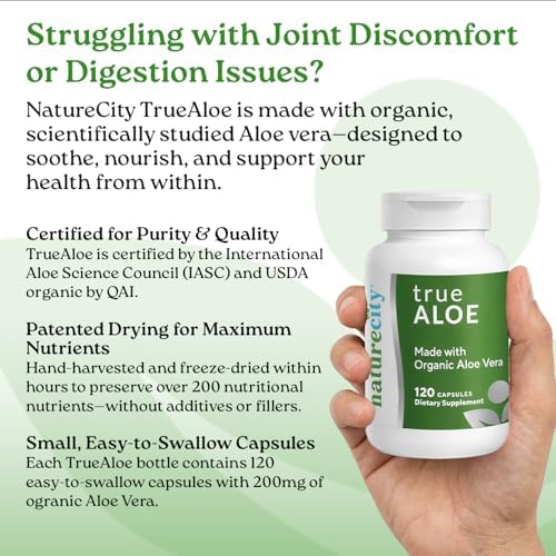 NatureCity TrueAloe Organic Aloe Vera Capsules - Supports Digestive Balance, Joints and Stomach Comfort - Plant-Based Aloe Barbadensis Powder - Easy-to-Swallow Single Ingredient Formula - 120 Caps