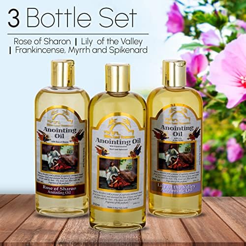 3 Bottle Set of Holy Land Treasures Anointing Oils, Biblical Oils with Lily of the Valleys, Rose of Sharon, Frankincense, Myrrh, and Spikenard, Anointing Oils from the Holy Land. 8.45 fl.oz | 250 ml