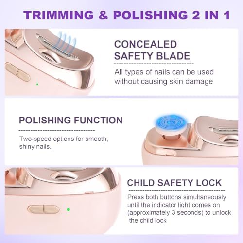 Electric Nail Clipper, 2 in 1 Electric Nail Clippers for Seniors and Adults, Baby Automatic Nail Clipper with Polishing, Light & Storage, Smart Nail Clipper 2-Speed for Fingernail (Pink)