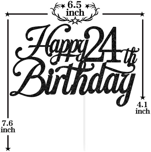 Black Glitter Happy 24th Birthday Cake Topper, Cheers to 24 Years/Level 24 Unlocked/24 Years Loved & Blessed, Funny 24th Birthday Party Decorations Supplies