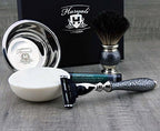 Haryali London 5 Pc Mens Grooming & Shaving Kit 3 Edge Razor with Black Badger Hair Shaving Brush, Soap, Bowl and Alum Perfect Set for Men