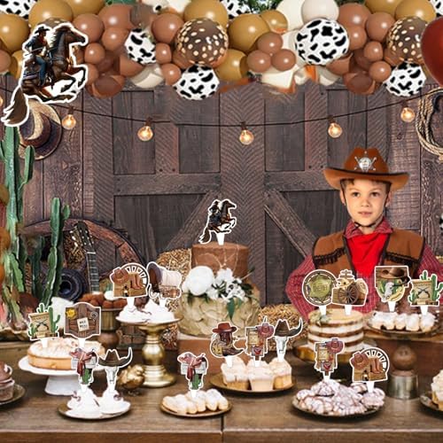 24 PCS Western Cowboy Happy Birthday Cupcake Toppers Wild West Theme Party Decorations Cake Decor Cupcak Decorations Cake Decorating Party Supplies Decor for Baby Shower Men Women Boys Girls