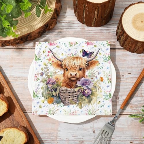Whaline 80Pcs Summer Highland Cow Paper Napkin Watercolor Cute Cow Flower Disposable Napkins Western Rustic Farmhouse Luncheon Dinner Napkin for Spring Summer Western Baby Shower Party Supplies