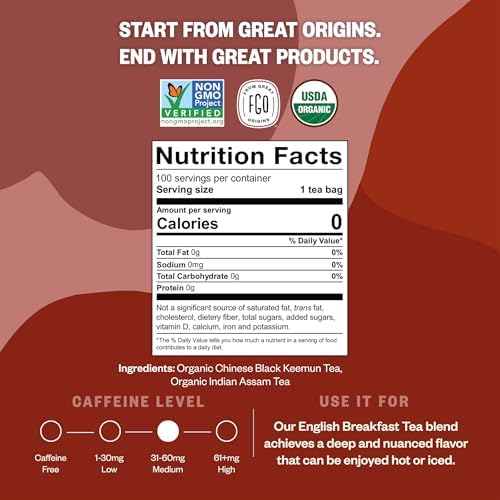 FGO Organic English Breakfast Black Tea, 100 Count, Eco-Conscious Tea Bags, Resealable Bag, Packaging May Vary (Pack of 1)