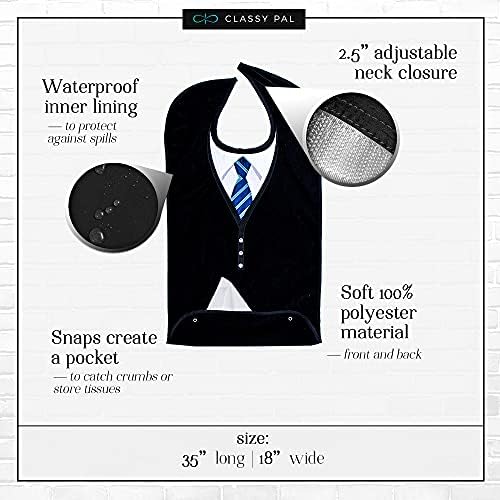 Adult Bibs for Men, Dress ‘n Dine™ Clothing Protectors for Eating, Senior Adult Bib Terry Cloth Crumb Catcher, Embroidered Design, Waterproof, Reusable, Washable (Blue Tie + Tuxedo)
