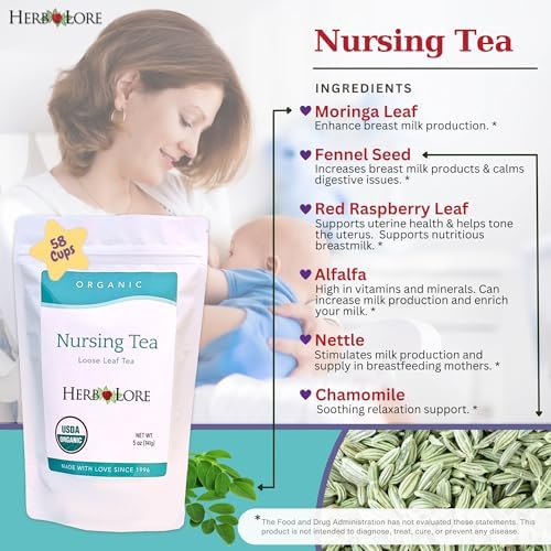 Herb Lore Organic Nursing Tea - 58 Servings - Loose Leaf - Fenugreek Free Lactation Tea with Moringa for Breastfeeding Moms