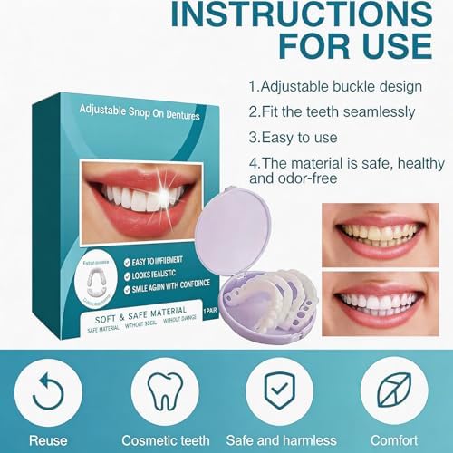 1 Pairs Veneers Snap in Teeth, Adjustable Temporary Covers Clip for Women Men