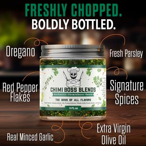 Chimi Boss Chimichurri Original Sauce, 9 fl oz – Authentic Argentinian Green Herb Sauce with Fresh Parsley, Garlic & Spices – All Natural Marinade & Topping – Made in USA