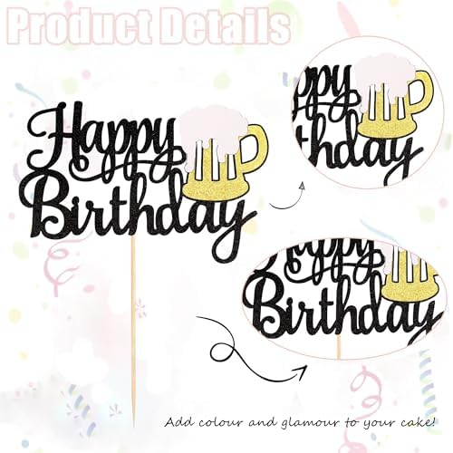 Beer Happy Birthday Cake Topper - Black Glitter Wine Glass Cake Decoration for Beer Themed Birthday Parties for Men and Women- Style 1