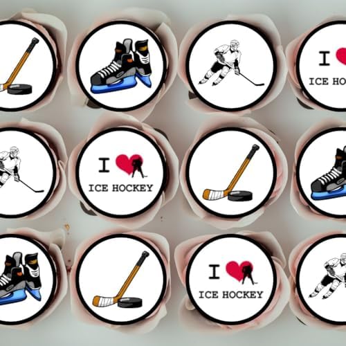 24 PRECUT Ice Hockey Cupcake Toppers, Winter Sports Edible Cake Decorations, Skating Rink Party, Hockey-Puck Topper Birthday Decorations, 24 x 1.5 Inch 4cm