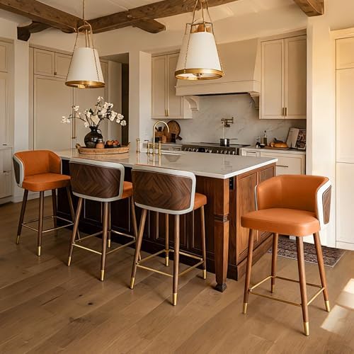 ARTPLAN Bar Stools Set of 2 for Counter Height 34 Inch - Modern Retro Style with Leather Seat & Walnut Wood Frame, Bar Chairs for Kitchen Island, Home Bar, Dining Counter,Dark Orange