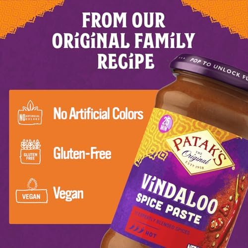 Patak's Vindaloo Spice Paste, Hot Indian Curry with 11 Expertly Blended Spices, Gluten-Free & Vegan, Flavorful Base for Chicken, Seafood, Vegetables & More, 10 oz Jar, 2-Pack