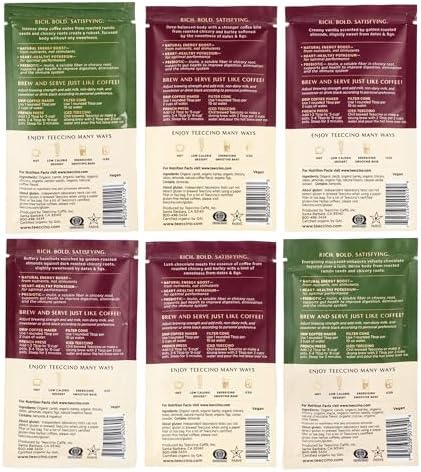 Teeccino Herbal Coffee Sampler - 6 x 30g Trial Size Chicory Coffee Alternatives - French Roast, Vanilla Nut, Hazelnut, Mocha, Maca Chocolate, Java – Prebiotic, Caffeine Free & Acid Free